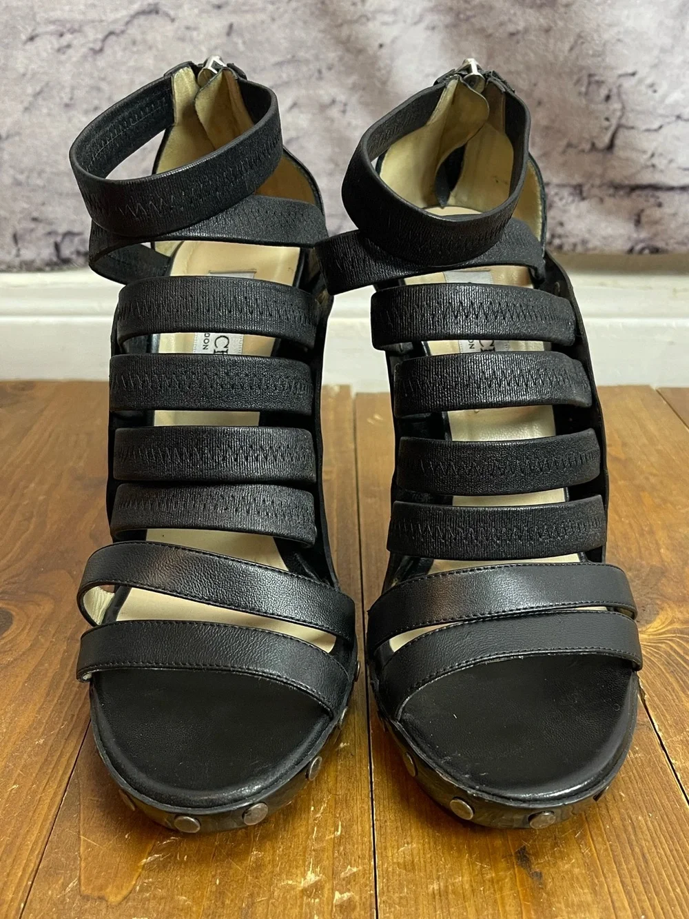 Jimmy Choo black strappy gladiator stilettos size 39.5
